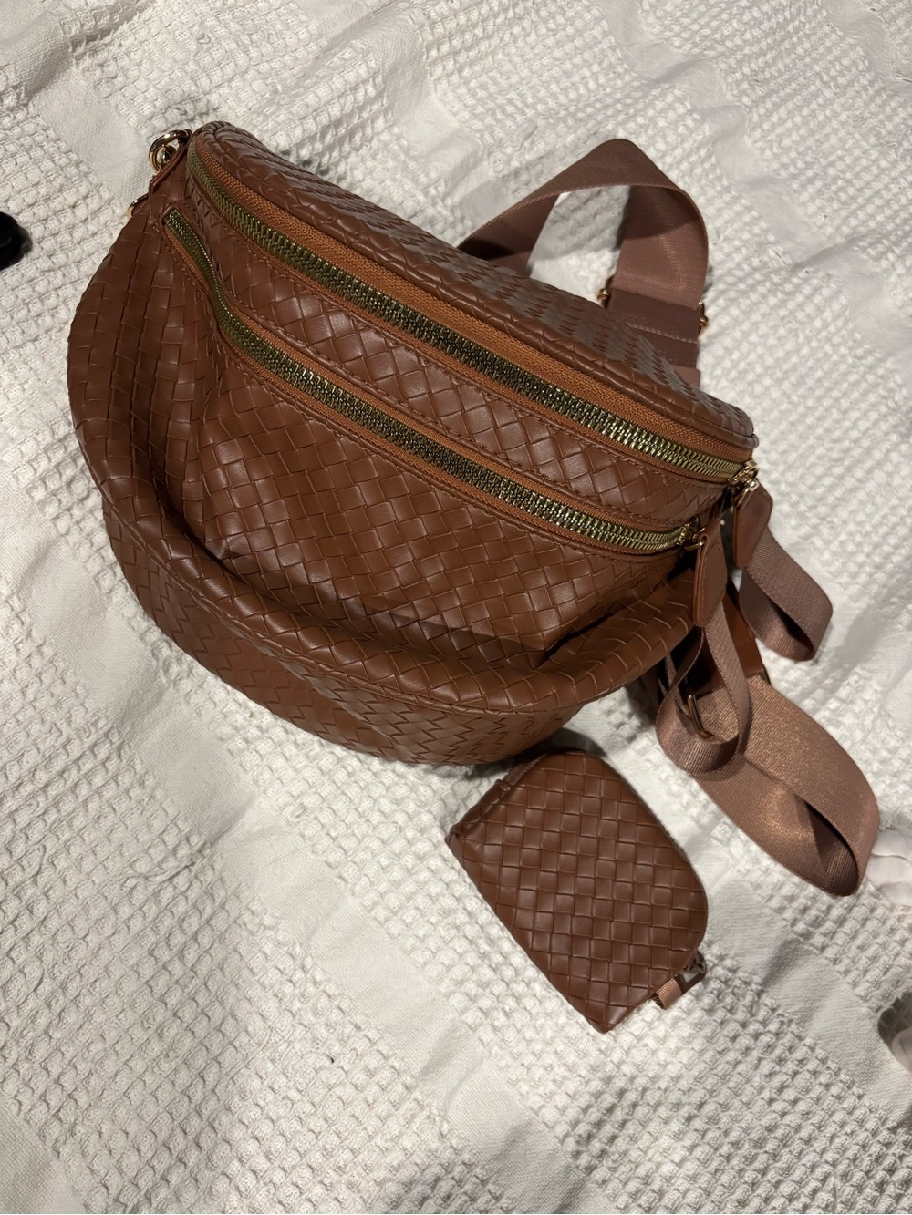 Woven Brown Leather Belt Bag with Coin Pouch